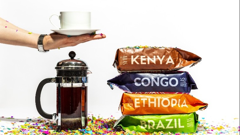 Colorful bags of international coffee