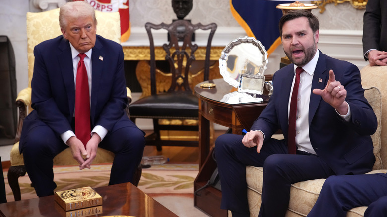 President Donald Trump and Vice President J.D. Vance in the Oval office, with Vance in mid-shout.