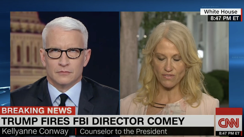 Anderson Cooper rolling his eyes during an interview with Kellyanne Conway