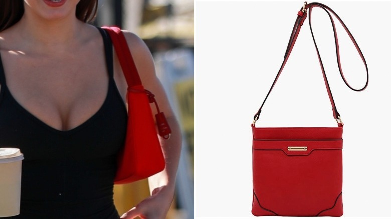 Addison Rae shoulder bag next to dupe