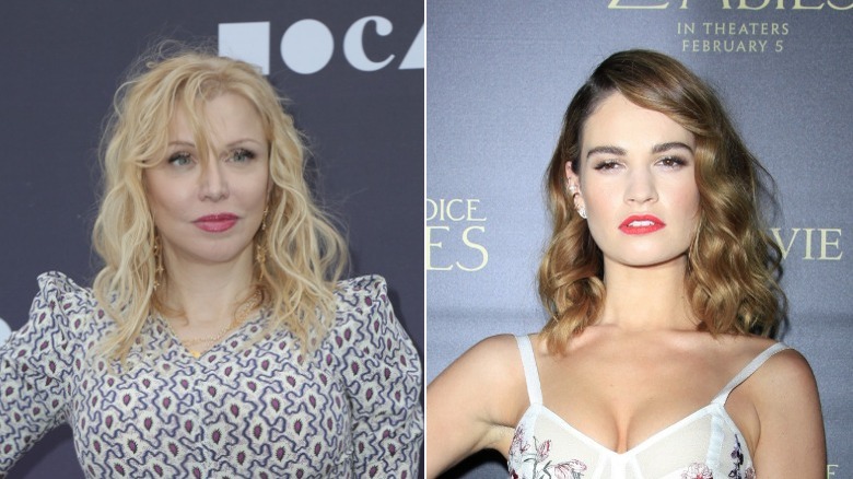 Courtney Love and Lily James pose at events