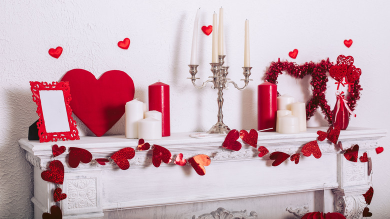 white Valentine's Day fireplace candelabra