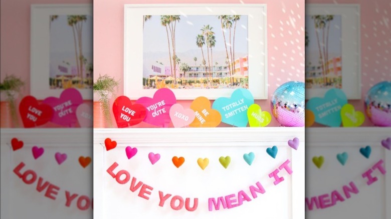 Candy heart decorations mantel