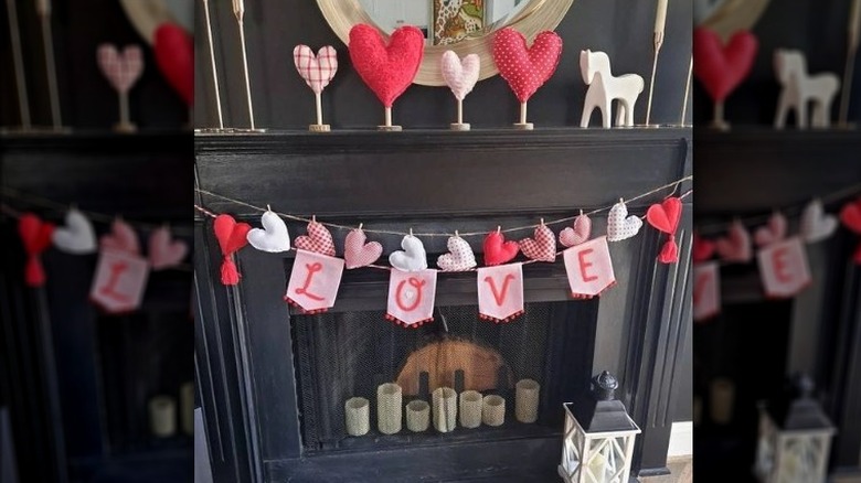 Fabric hearts black fireplace