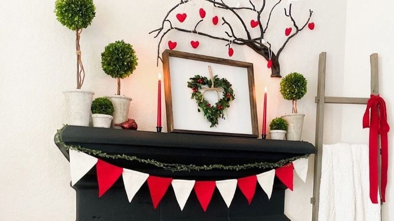 Topiaries hearts fireplace