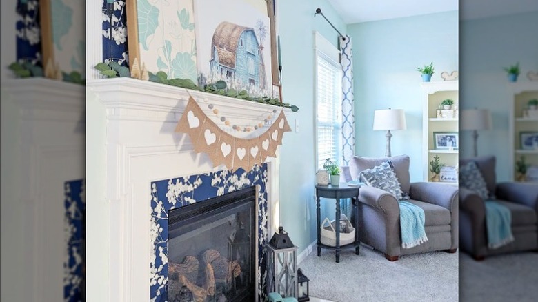 Fireplace blue tiles heart banner