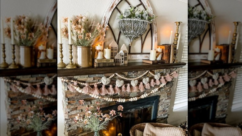Stone fireplace heart banner