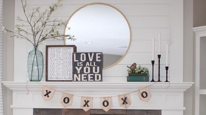 Neutral color valentine decor mantel