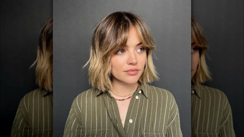 Lucy Hale with curtain bangs and bob cut