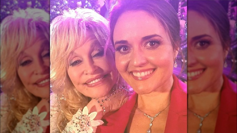 Selfie of Dolly Parton and Danica McKellar on a Hallmark set