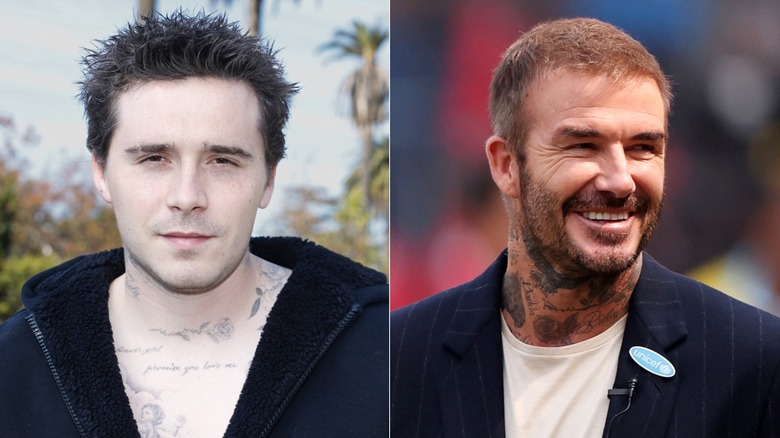 A split image of Brooklyn Beckham and David Beckham, tattoos visible