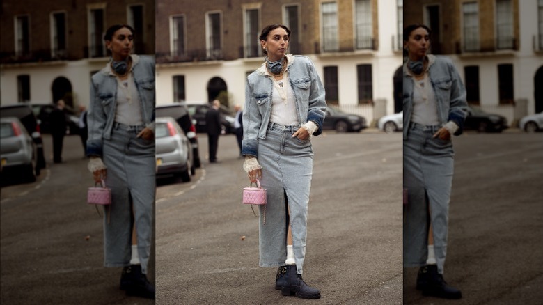 Denim maxi skirt with slit in middle