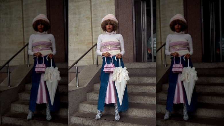 Crochet top and denim skirt