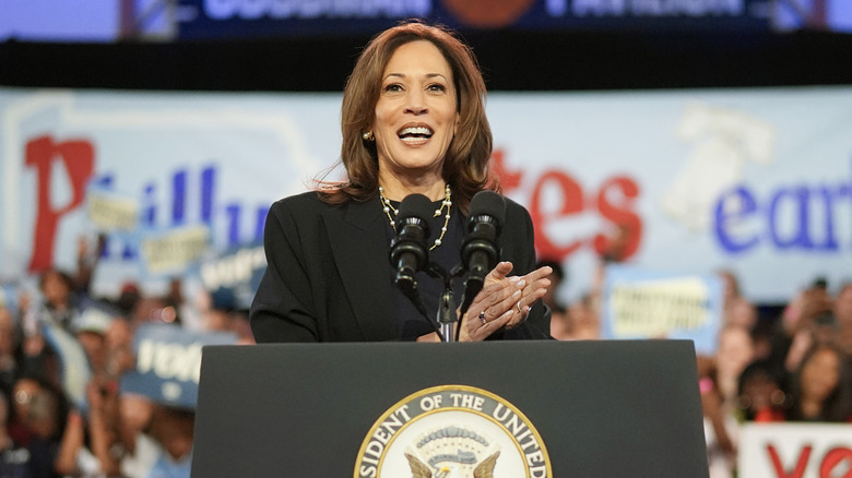 Kamala Harris giving a speech in Philadelphia