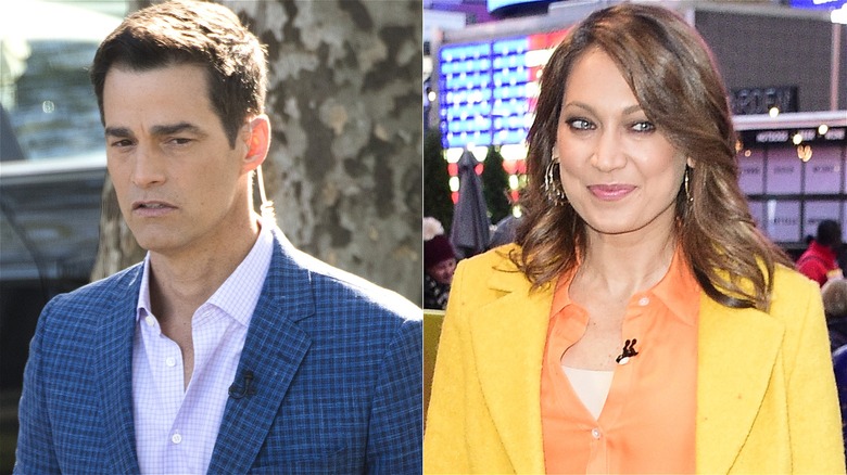 Rob Marciano and Ginger Zee, each outside in jackets