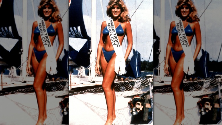 Marla Maples wearing her Miss Hawaiian Tropic sash in Florida, 1985.