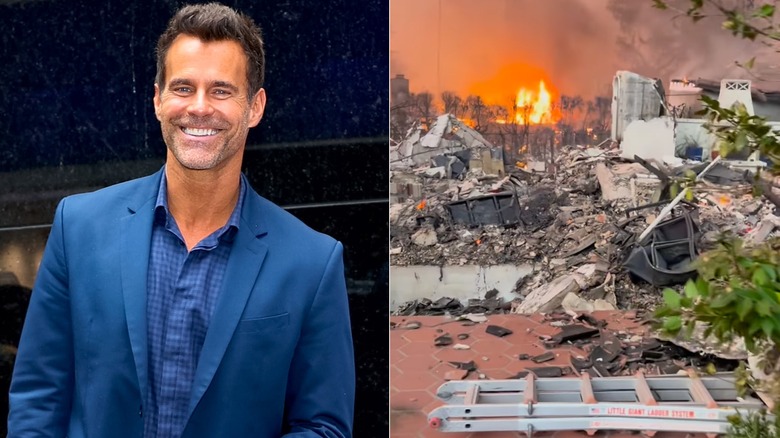 Cameron Mathison smiling in a bright blue blazer, and a photo of his burned home with flames in the background.