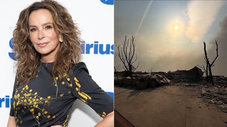 Jennifer Grey in a black and gold dress, and a photo of her levelled home.