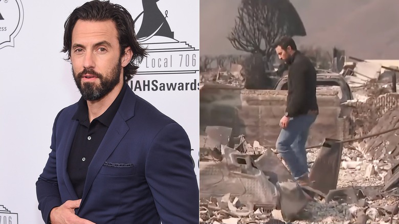 Milo Ventimiglia on red carpet in suit, and wearing jeans in the middle of his burned home.