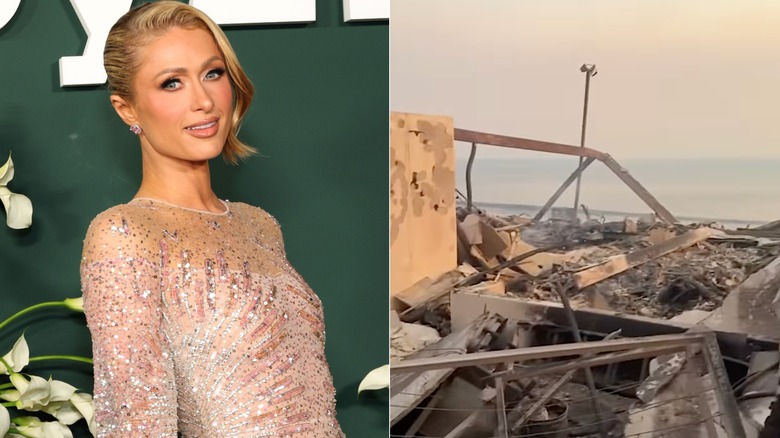 Paris Hilton on the red carpet smiling in a sparkly dress, and a photo of what's left of her home.