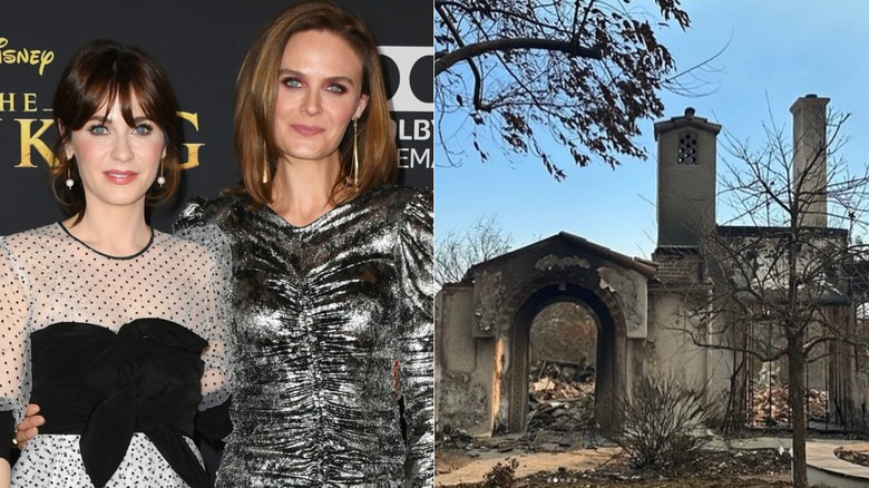 Zooey and Emily Deschanel on the red carpet, arms wrapped around each others waists, and a photo of their mostly burnt out family home.