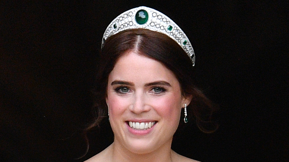 Princess Eugenie on wedding day wearing emerald and diamond tiara
