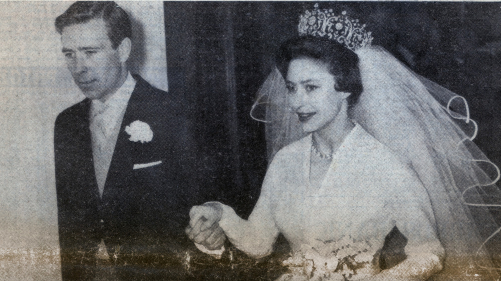 Princess Margaret on wedding day with Antony Armstrong-Jones wearing Poltimore tiara