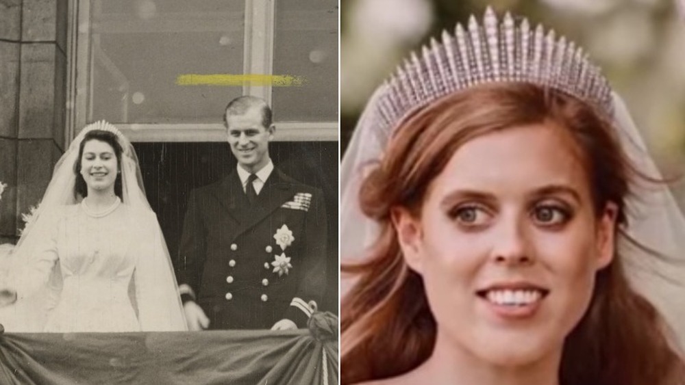 Queen Elizabeth II on wedding day and Princess Beatrice on wedding day in same tiara