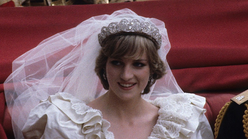 Princess Diana on wedding day in diamond tiara and veil