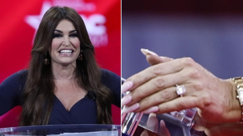 Split image of Kimberly Guilfoyle smiling and a close up of her engagement ring