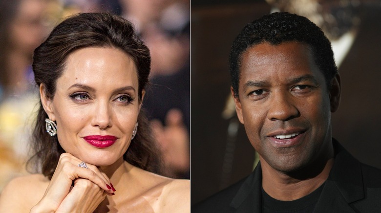 Angelina Jolie wearing lipstick; Denzel Washington