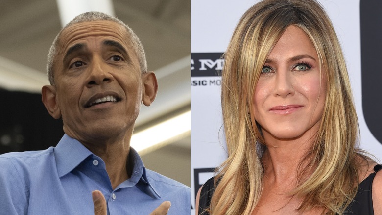 Barack Obama talking & Jennifer Aniston smiling