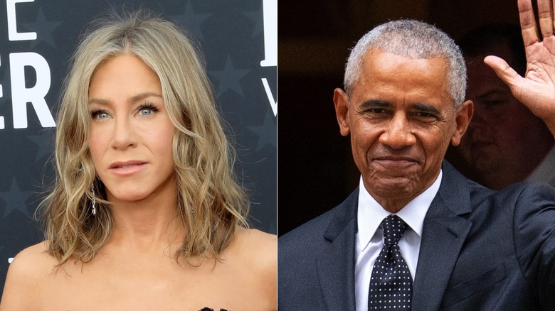 Jennifer Aniston smiling & Barack Obama waving