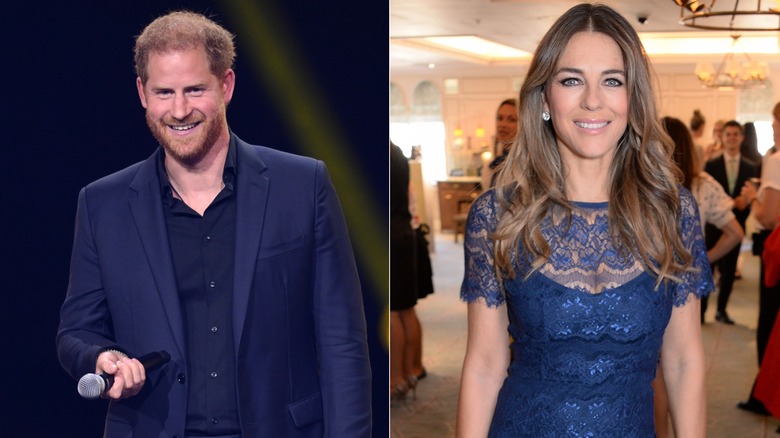 A split image of Elizabeth Hurley and Prince Harry