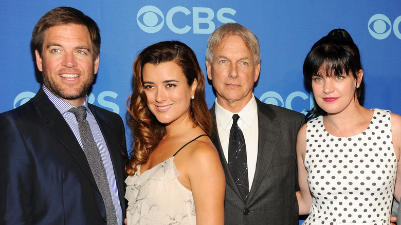 Michael Weatherly, Cote de Pablo, Mark Harmon, and Pauley Perrette posing together