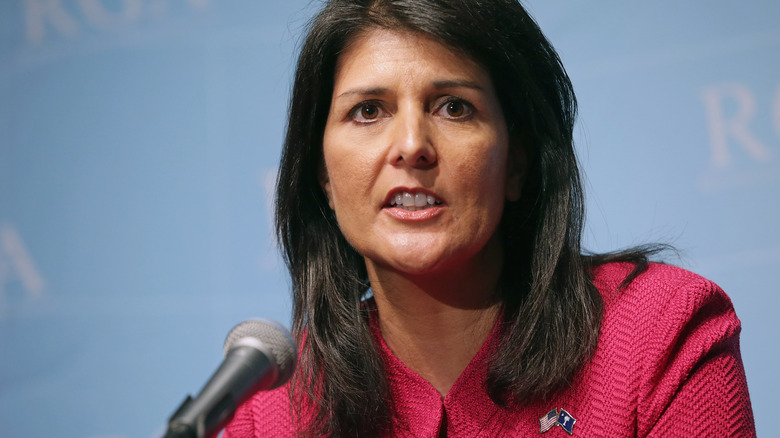 Nikki Haley speaking into microphone