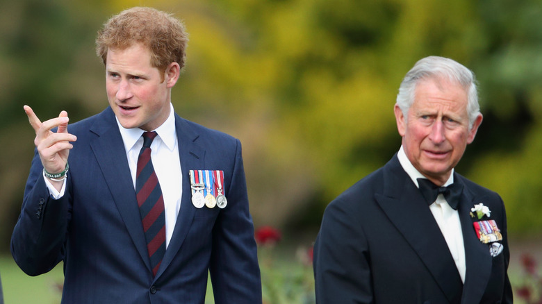 Prince Harry points something out for Prince Charles