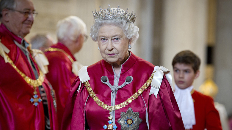 Queen Elizabeth II wearing tiara and cape