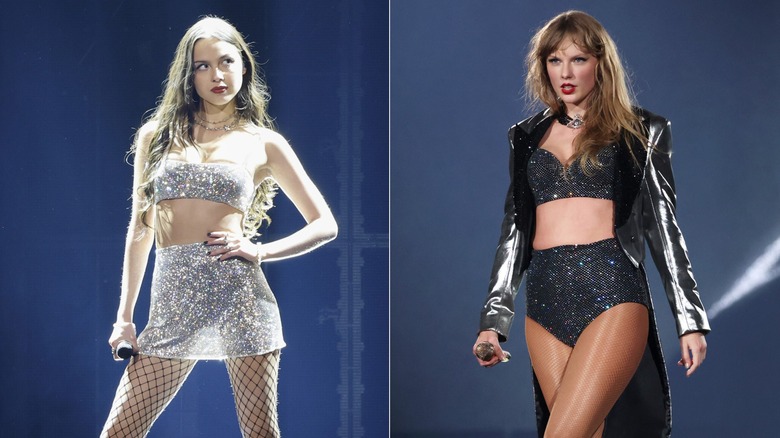 A split image of Olivia Rodrigo and Taylor Swift