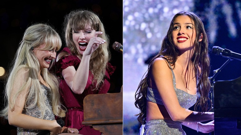 A split image of Olivia Rodrigo and Taylor Swift and Sabrina Capenter