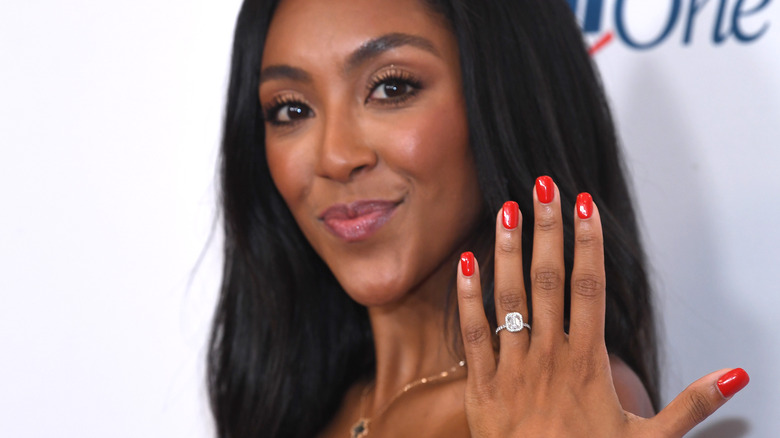 Tayshia Adams showing off her engagement ring