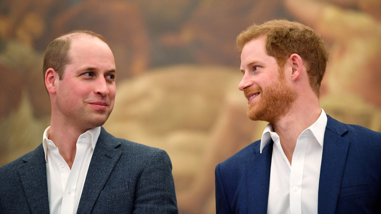 Prince William and Prince Harry grinning at each other