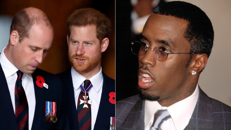 Split image of Prince William and Prince Harry and Diddy