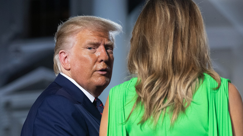 Donald Trump and Melania Trump during a speech on the South lawn of the White House