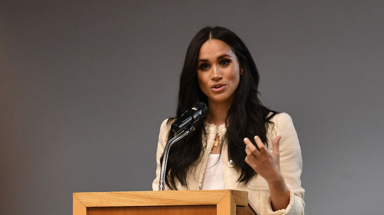 Meghan, Duchess of Sussex speaks during a special school assembly at the Robert Clack Upper School in Dagenham ahead of International Women's Day