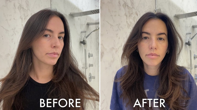 Side-by-side image of woman with flat hair and image of same woman with voluminous hair