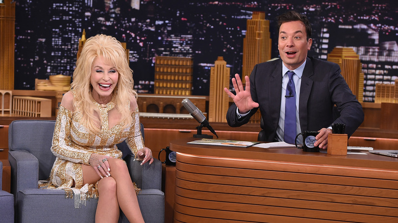 Jimmy Fallon and Dolly Parton laughing 