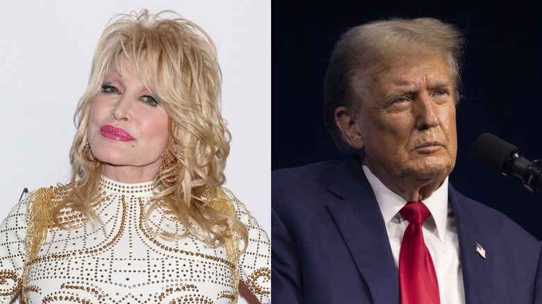 Dolly Parton smiling & Donald Trump frowning