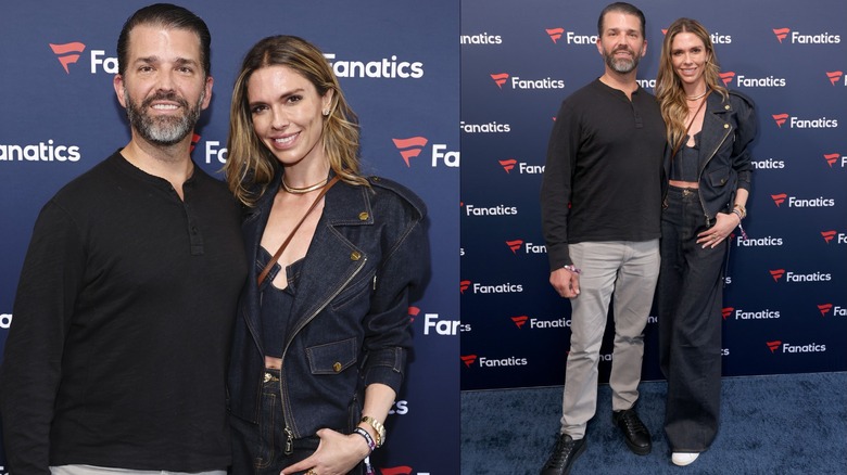 Bettina Anderson and Don Jr smiling as they are photographed at Fanatics Pre-Super Bowl party