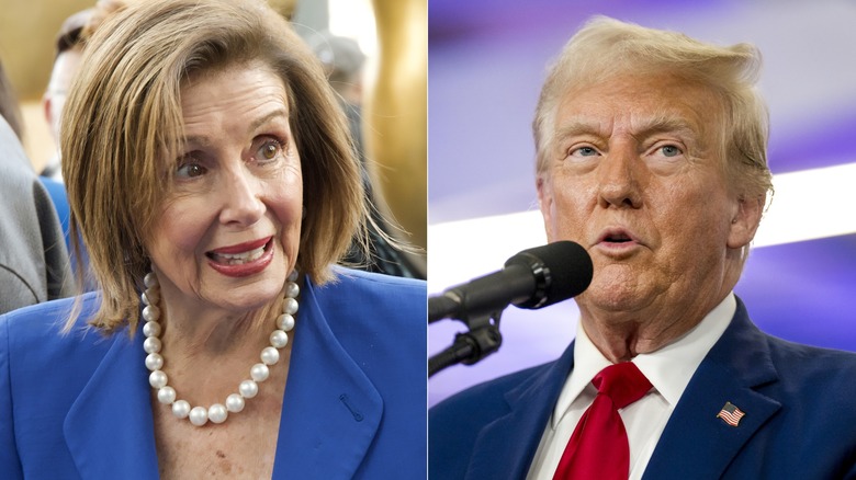 Nancy Pelosi smiling & Donald Trump talking 